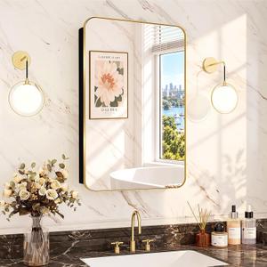 16x24 in Brushed Gold Medicine Cabinet with Mirror for Bathroom, Gold
