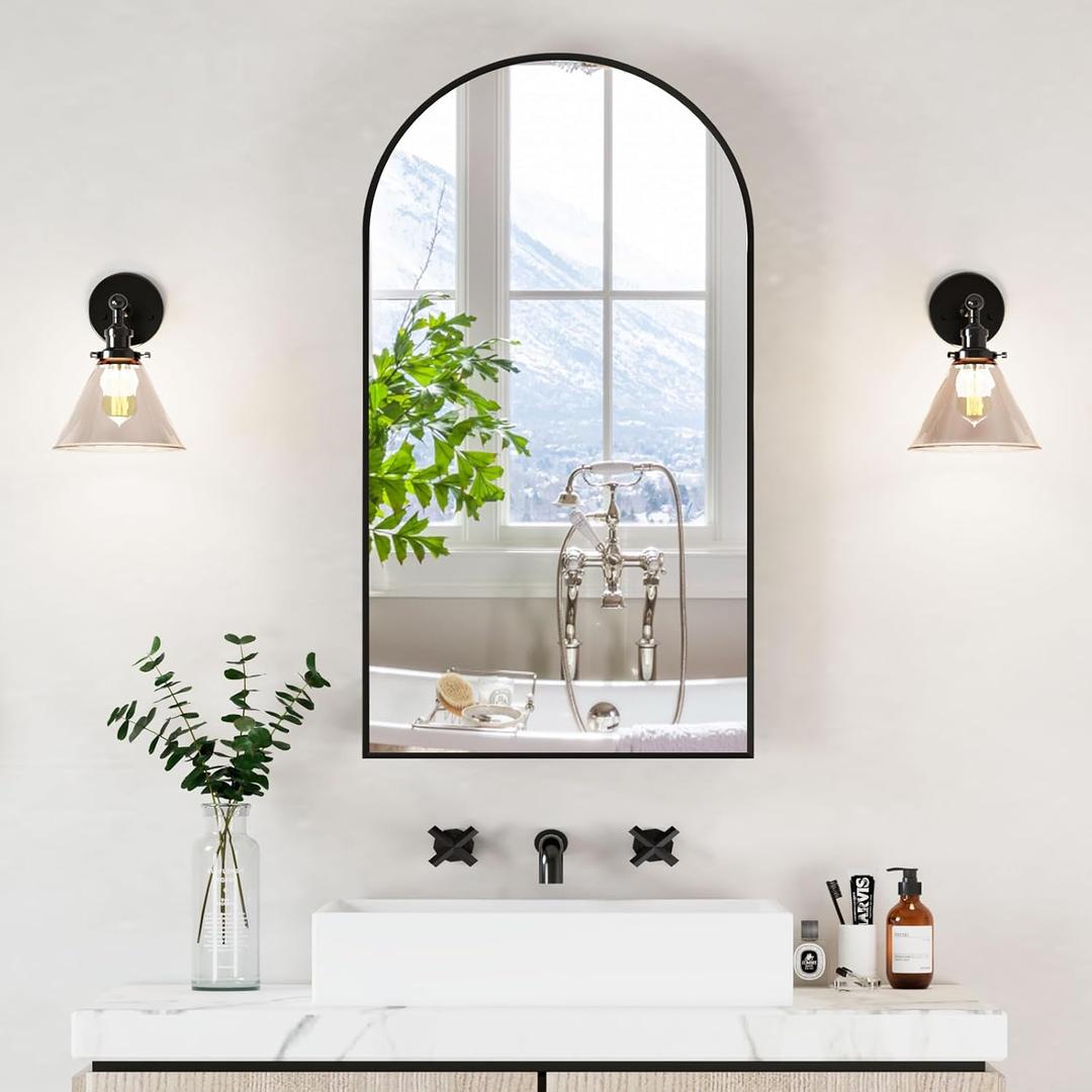 Mepplzian Mirror Cabinet Arch Bathroom Cabinet 50 x 12 x 90 cm Black With mirror, hanging, three glass shelves, for modern bathrooms