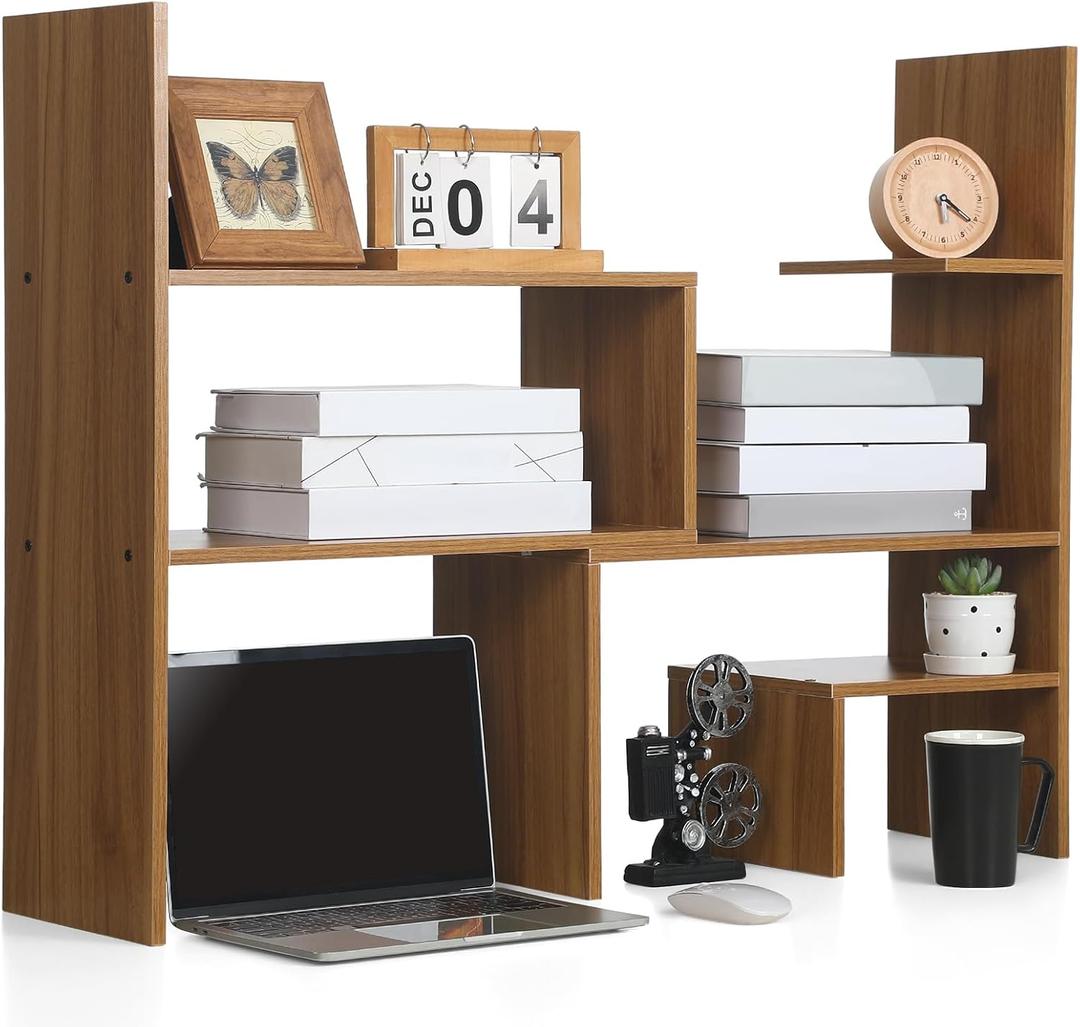 Briwooody Expandable Dorm Desk Dutch Adjustable Desktop Bookshelf Wooden Desktop Storage Organizer Bookcase Cubby Book Rack for College Dorm Home Office Furniture(Brown), 9.5 x 40 x 28 inch