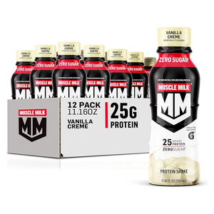 Muscle Milk Genuine Protein Shake, Vanilla Creme, 11.16 Fl Oz Bottle, 12 Pack, 25g Protein, Zero Sugar, Calcium, Vitamins A, C & D, 5g Fiber, Energizing Snack, Workout Recovery, BBD 03/31/2026