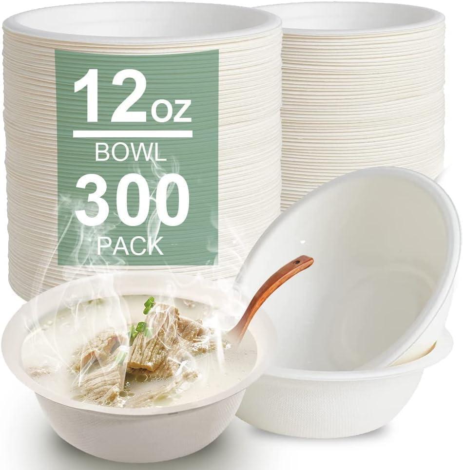300 Pack 12 OZ Disposable Paper Bowls Compostable Biodegradable Soup Bowls Made of Natural Bagasse, Heavy-duty Bowls for Milk Cereals, Snacks, Salads