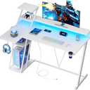 47 Inch White Gaming Desk with LED Lights & Power Outlet, L Shaped Gaming Table with Storage Shelves, Gamer Workstations with Monitor Stand for Bedroom (Carbon Fiber White)