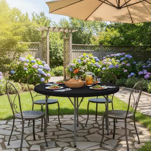 Round Fitted Tablecloth with Elastic - 2 Pack Round Table Covers 48 Inch, Black Windproof & Non-Slip Dining Circle Table Protector for Outdoor Picnic, Party, Banquet