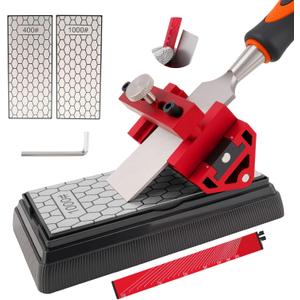 Chisel Sharpening Kit with Honing Guide & 400/1000 Grit Diamond Stone, Woodworking Sharpening Jig for Chisels & Plane Blades, Angle Guide, Non-Slip Base & Bag