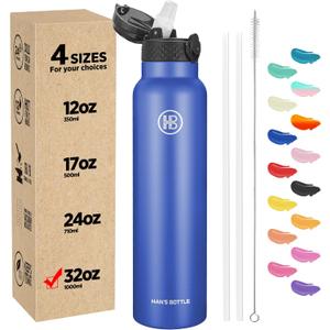 Han's Bottle Sports Water Bottle - 32 Oz, Straw Lid, Leak Proof, Vacuum Insulated Stainless Steel, Double Walled, Thermo Mug,Navy Blue