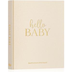 Lanpn Hello Baby First 5 Year Memory Book for Boy Girl - Linen Hardcover Baby Book Keepsake for New Parents - Newborn Baby Journal Scrapbook Photo Album Baby Milestone Book (Beige, 154 Pages)