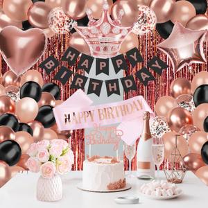42Pcs Rose Gold Birthday Decorations for Women  Banner, Pink Sash, Balloons, Cake Topper, Fringe Curtain, Birthday Party Supplies for Girls, Princess Party