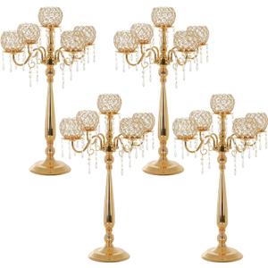 4 Packs 5 Arms Crystal Candelabra for Wedding Centerpiece, Gold Floor Candle Holder Set with Chandelier Crystal Beaded Anniversary Dinner Party Table Decor candelabros de mesa Elegantes Palace Themed