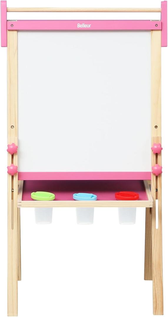 Art Easel for Kids, Adjustable Double Sided Whiteboard & Chalkboard, Painting Kid Easel for Toddlers 2-8, Ideal Gift-Pink