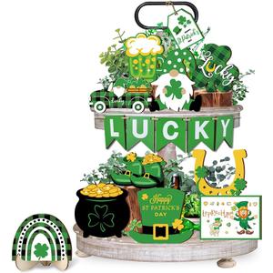 Quimoy 20 Pcs St. Patrick's Day Tiered Tray Decor, Green Shamrock Gnome Truck Wood Sign, Lucky St Patrick's Day Table Decorations for Home Kitchen, Rustic Farmhouse Decor