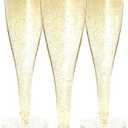 Prestee 49 Gold Plastic Champagne Flutes - 4.5 oz Disposable Champagne Glasses for Toasting at Weddings, Mimosas, Cocktails, Great Gatsby Party Decorations, and Events