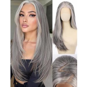 Straight 13x4 HD Lace Front Wig for Women, 26inch Heat Resistant Synthetic Hair Glueless Pre Plucked Straight Human Hair-Like Layered Wig with Realistic Scalp (Silver Gray Color)