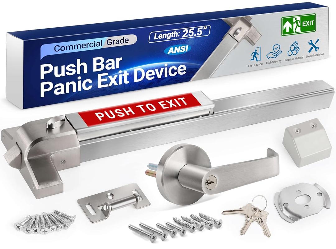 304 Stainless Steel Panic Bars for Emergency Exit Doors - 25.5 Commercial Door Push Bar Panic Exit Device with Exterior Lever Handle, Heavy-Duty Panic Door Hardware for 26-41Wooden/Metal Doors