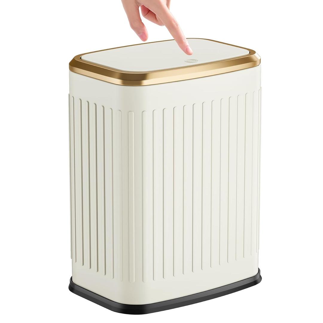 TIPGO Bathroom Trash Can with Lid, 2.1 Gallon / 8 Liter Small Garbage Can, Press Top Bin, Stainless Steel Wastebasket with Pop-Up Lid for Bedroom, Living Room, Office (Cream)