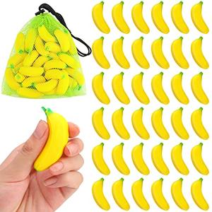 Jerify 37 Pieces Mini Banana Stress Toys Stress Relief Toys with Mesh Drawstring Bag PU Banana Stretchy Toy for Birthday Party Favors