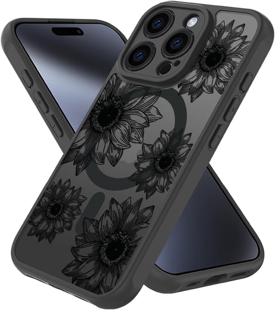 for iPhone 14 Pro Max Case Flowers Floral Translucent Design Phone Cover Soft TPU + Hard PC Anti-Scratch Shockproof Cute Magnetic Case for Women (Compatible with Magsafe), Black