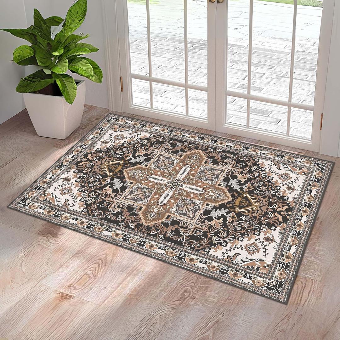Washable Entryway Rug 2x3 | Non Slip Rug Runners for Hallways, Entryways, Kitchens, Bathrooms, Bedrooms | Ultra-Soft Flannel Carpet Kitchen Rug with Rubber Backing (Black Brown Cream, 2x3)