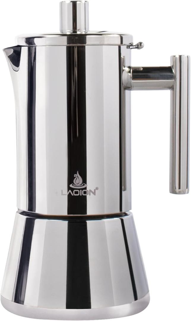 LAOION Stovetop Espresso Maker, 6Cup 10 oz Moka Pot, Stainless Steel Cuban and Italian Coffee Maker for Cafetera Cubana, Greca De Cafe Induction Stovetop Compatible, Coffee Gift for Home Travel (Silver)