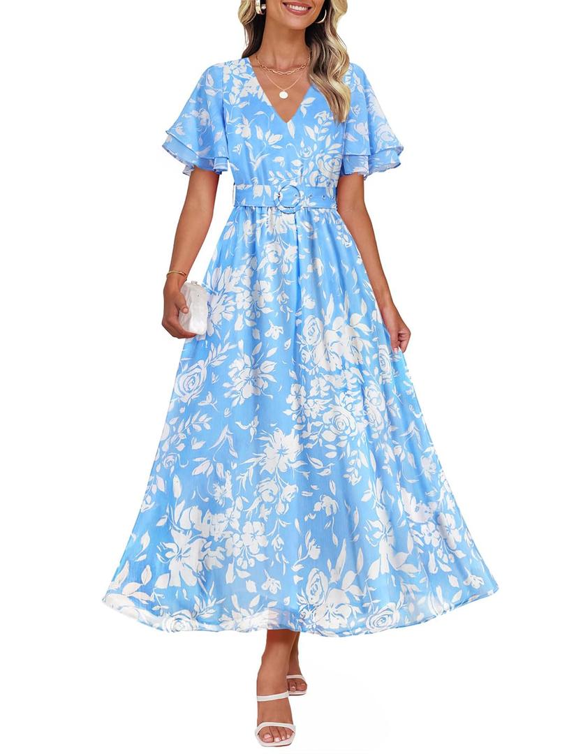 ZESICA Women's 2026 Summer Floral V Neck Midi Beach Dress Blue XL (XL)