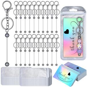 Sasylvia 60 Pcs Beadable Keychain Bars Bulk Making Kit 20 Beaded Keychain 20 Bag 20 Thank You Cards for DIY Keyrings Charms(Gun Black)