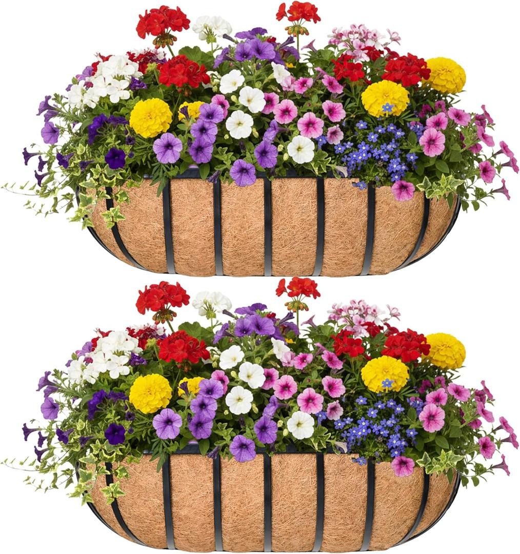 24 Window Box Railing Planter with Coco Liner Metal Wall-Mounted Coconut Liner Planter Basket English Horse Trough Planters for Outdoor Deck Balcony Porch Fence Patio Black (2 Pack)