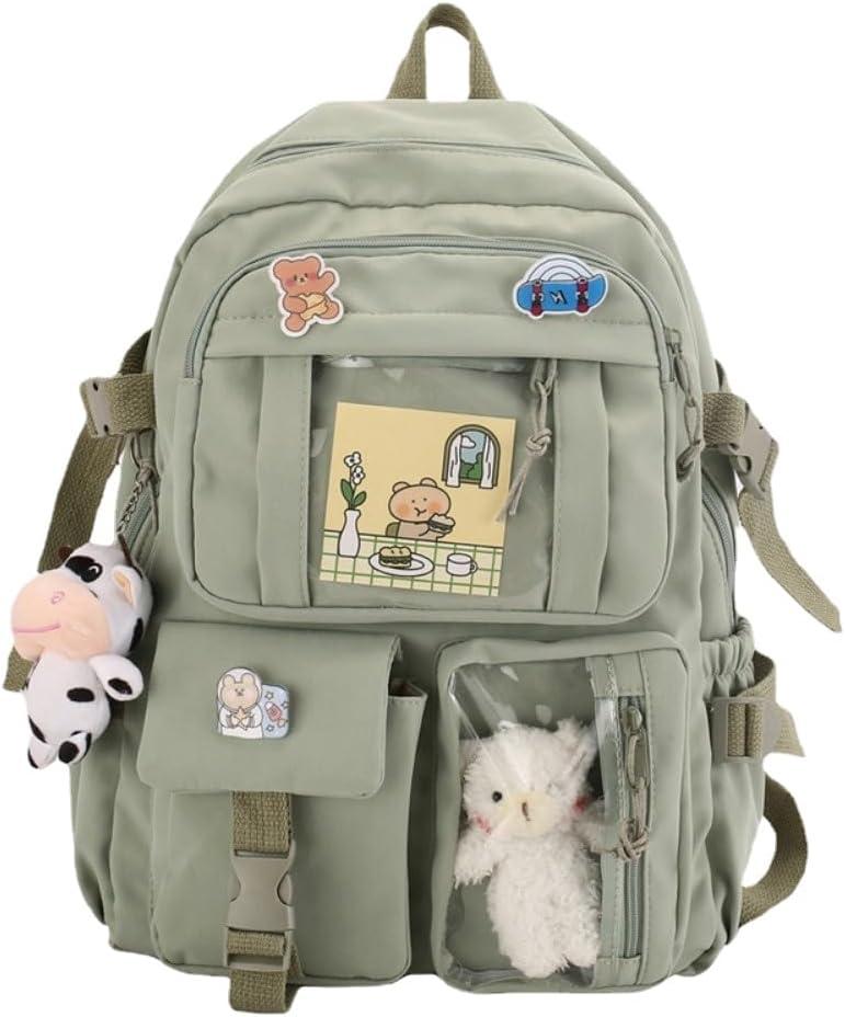 Cute backpack with accessories kawaii Large Capacity Aesthetic backpack (Green)