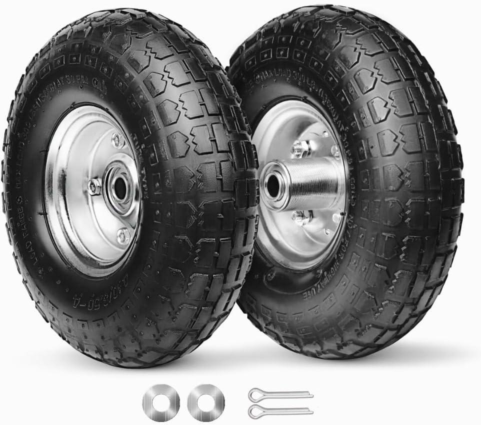 10-Inch Solid Replacement Tire and Wheel 4.10/3.50-4" - Flat Free Tires for Cart, Dolly, Hand Truck, Generator, Lawnmower, Garden Wagon with 5/8 Axle Bore Hole - Double Sealed Bearings (2 Pack)