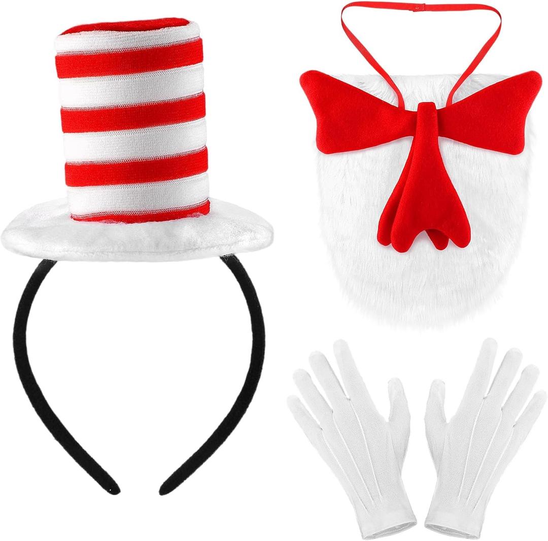 3-Piece Cat Headband with Red and White Striped Hat Furry Bow Tie and White Gloves Costume Accessory Kit Book Character Costume Set for 100 Days Reading Day Halloween Parties