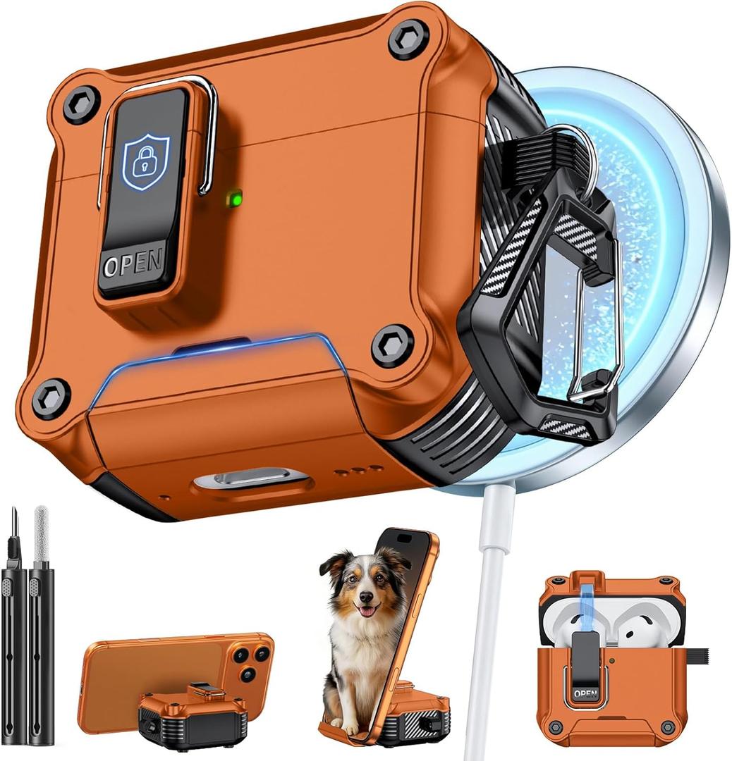 Inesore Compatible with AirPods 4 Generation Case,Secure Lock & Phone Stand Design,Compatible with MagSafe,Automatic Snap Switch Secure Cover for New AirPods 4th (2024)-Orange