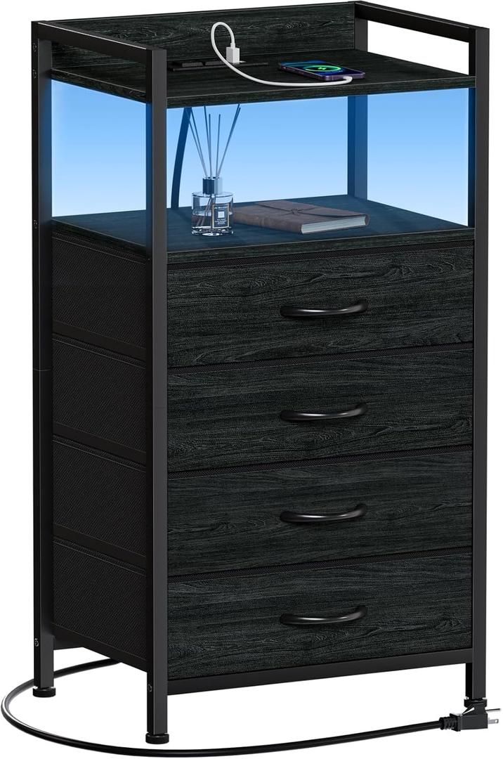 Furnulem Night Stand with Charging Station, Black Nightstand with Drawers and Led Light, Tall Dresser for Bedroom, Bedside Table with Fabric Storage Bins, Metal Frame, Wood Furniture, With Socket and Light