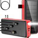 Portable Charger with Built in Cable and Wall Plug 50000mAh 22.5W Fast Charging Solar Power Bank with 5 Output & 2 Input Dual LED Flashlights Phone Holder External Battery Pack (Red)