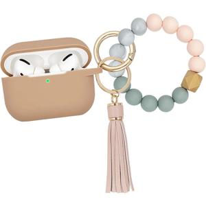 Compatible with Airpods Pro Soft Silicone Case Cover with Bracelet Keychain for Apple Airpod Pro 1st Generation Case for Women (Milk Tea)