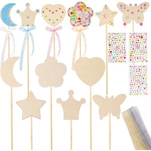 Fumwase Princess Fairy Wand Kit Include 18 Unfinished Wood in 6 Styles 3 Sheet Gem Stickers 18 Ribbons Craft Kit for Halloween Princess Fairy Cosplay Party Favors for Adult