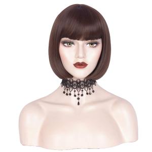 WeKen Short Brown Bob Wig with Bangs Brown Bob Wigs for Black Women White Women Daily Use Synthetic Cosplay Wigs for Women 11 Inch