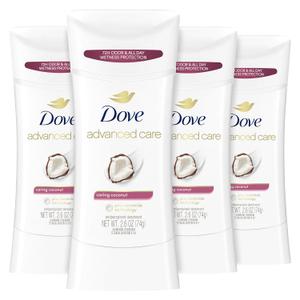 Dove Advanced Care Antiperspirant Deodorant Stick Caring Coconut 4 ct for helping your skin barrier repair after shaving 72-hour odor control and sweat protection with Pro-Ceramide Technology 2.6 oz