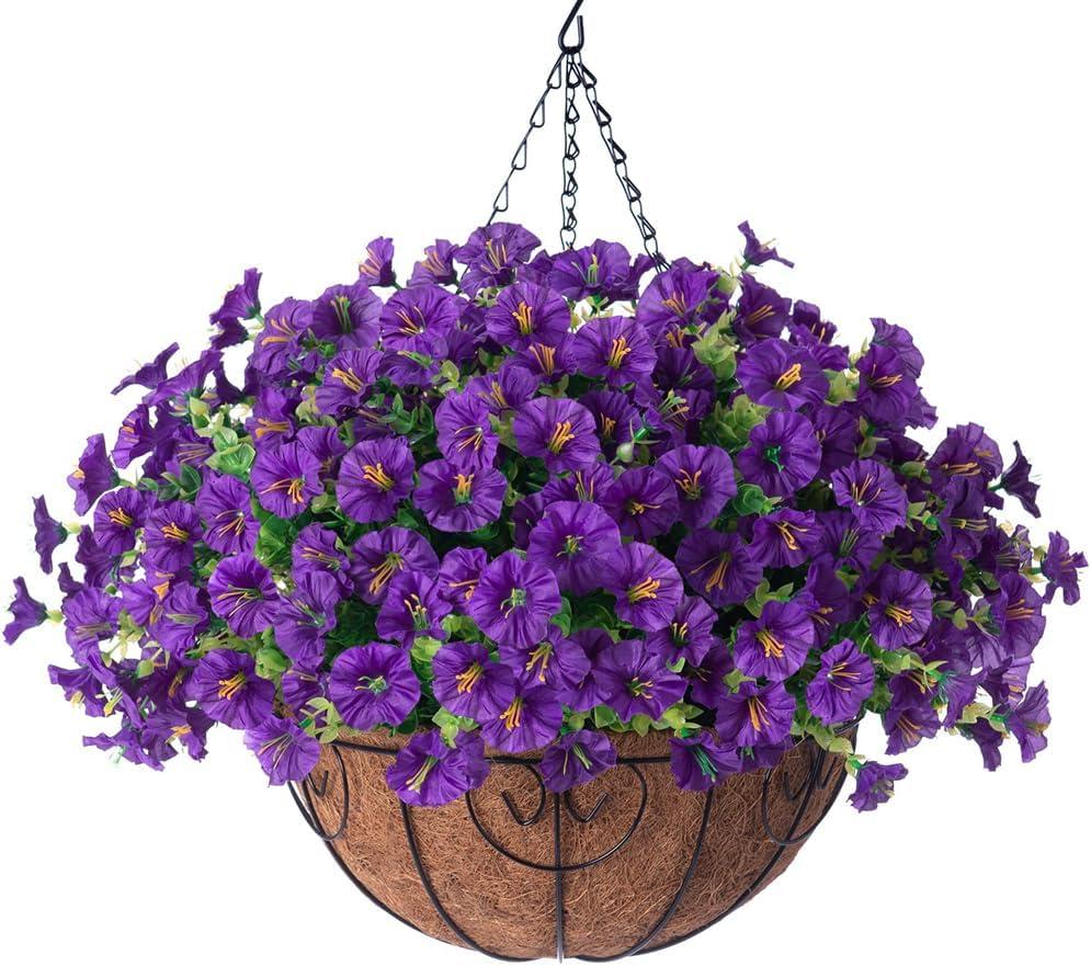 Artificial Fake Hanging Flowers Plants Basket for Outdoors Spring Decoration, Realistic Faux Silk Morning Glory for Outdoor Planters UV Resistant Artificial Flowers for Outside Porch Garden, Purple