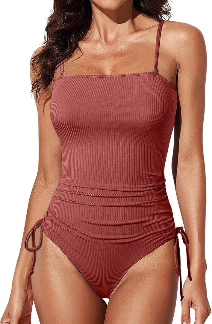 Aleumdr Women's Ribbed One Piece Tummy Control Swimsuit Cheeky Tie Side High Cut Bathing Suit Swimwear (X-Large, Mineral Red)