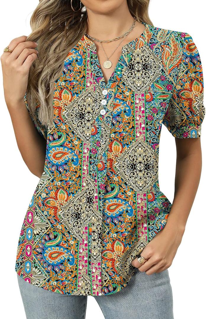 Kistore Women's Short Sleeve Tops Dressy Casual Business Work Blouses V Neck Chiffon Top Office Shirts (XL)