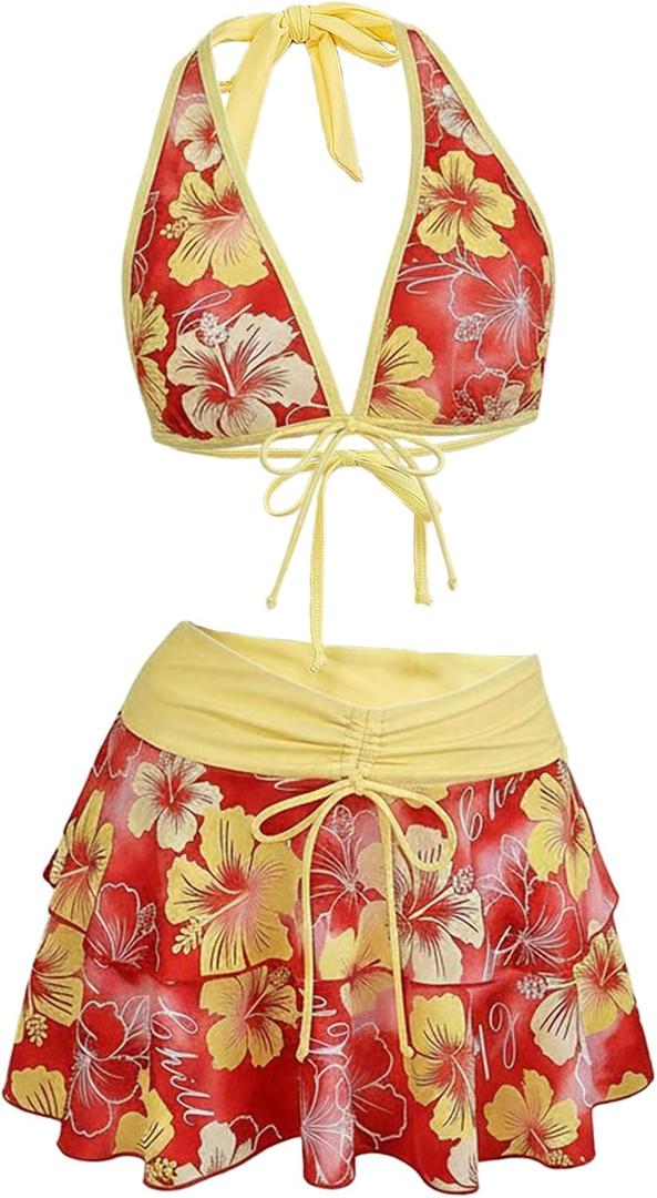 Floerns Women's 3 Piece Bikini Sets Boho Floral Print Halter Swimsuit Layered Ruffle Bathing Suit (M)