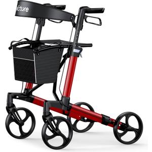 WOTURE Foldable Rollator Walker with Seat & Backrest 16 lb Ultra-Light Mobility Aid, 8" All-Terrain Wheels for Indoor/Outdoor Use, Adjustable Handles & Dual Brakes, Includes Storage Bag, Red