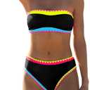 popvil Women's Strapless Bikini Sets Neon Color Block Bandeau Swimsuits Two Piece Bathing Suits for Beach Vacation 2025 (Medium, Black2)