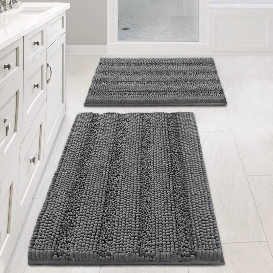 Non Slip Thick Shaggy Chenille Bathroom Rug Mat Set Extra Soft and Absorbent Striped Floor Rugs, 2 Piece, Machine-Washable, 20" x 32" Plus 17" x 24" (Grey)