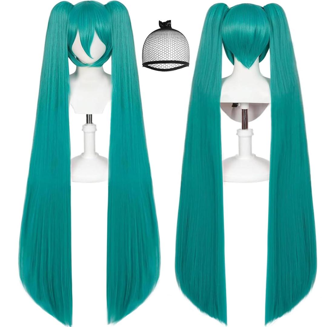 47inch/120cm Long Green Straight Cosplay Wig with 2 Ponytail Peluca Verde Wigs with Bangs for Women Anime Outfit Lolita Wig with Green Pigtails Wigs for Halloween Party Costume+Hair Cap