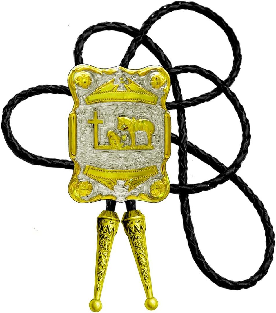 Moranse Bolo Tie with Western Cowboy Religion Cross Cowboy Style Genuine and Cowhide Rope (Gold)