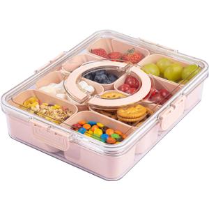 U-QE Dishwasher Safe Snackle Box Container with 8 Small Snacks Box - Premium Pink Plastic Divided Serving Tray with Lid and Handle for Snack, Veggie, Fruits, Perfect for Mothers Day, Picnic