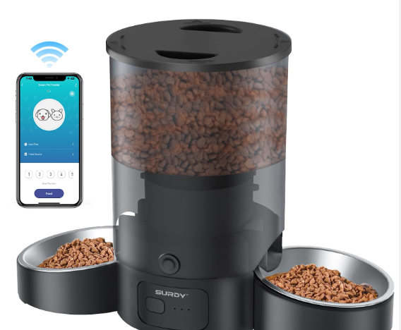 SURDY Automatic Cat Feeder with 5G WiFi, 20 Cups/5L Automatic Cat Food Dispenser for 2 Cats Smart Pet Feeder with APP Control for Remote Feeding (Black, 5L)