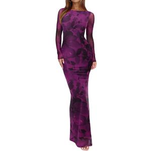 REORIA Women's Spring Mesh Sheer Long Sleeve Wedding Guest Dress Sexy Floral Bodycon Maxi Long Dresses (M)
