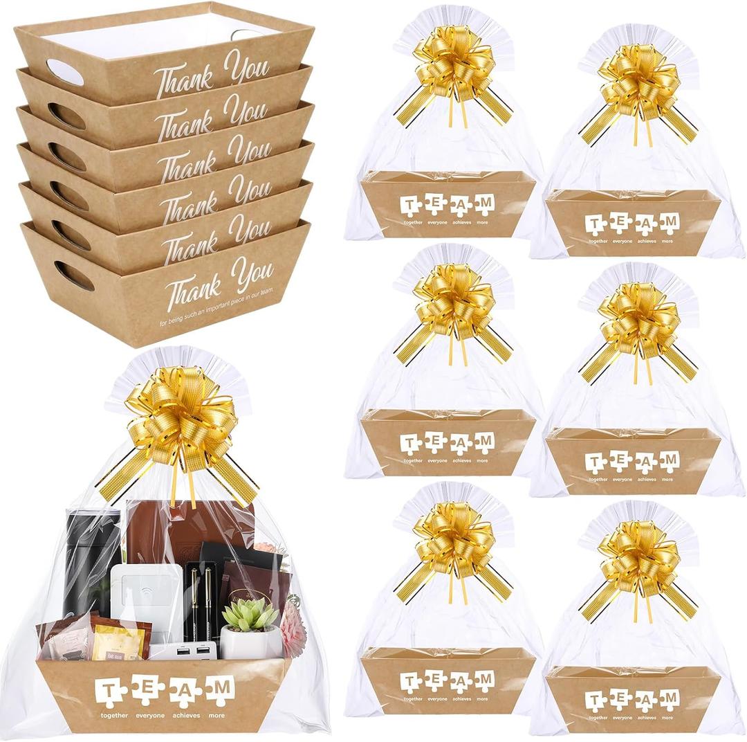 Tenceur 24 Set Empty Baskets for Team Appreciation Gifts - Bulk Gift Basket Kit with Pull Bows & Plastic Bags DIY Cardboard Tray for Team Employee Teacher Coworker Nurse Present(Classic,Kraft)