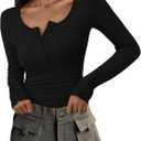 PRETTYGARDEN Women's 2025 Summer Long Sleeve Henley T Shirts Ribbed Knit Button Slim Fitted Basic Casual Going Out Fall Tops (Large, Black)