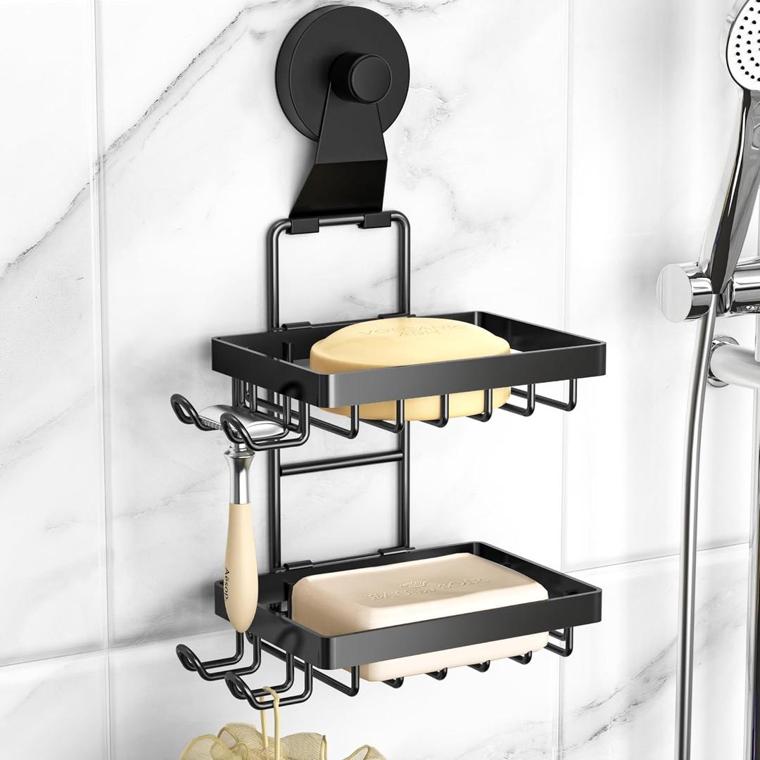 Moforoco Suction Cup 2 Tier Soap Dish Holder for Shower Wall, No Drilling, 3-Tier 304 Rustproof Stainless Steel, Soap Bar Holder with 4 Hooks, Shampoo Bar for Shower Caddy for Bathroom